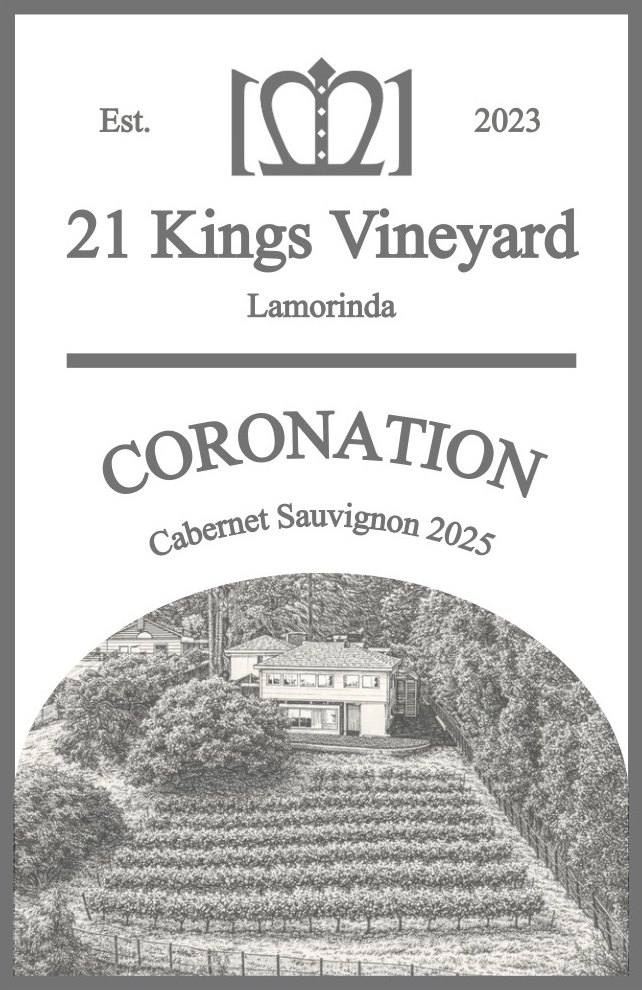 The Coronation label: an etching of the house and vineyard beneath the 21 Kings Vineyard crown